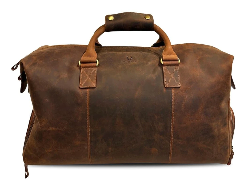 DONBOLSO åkpåse i läder - handbagageväska av italiensk vintageläder - weekender för män - med vadderad axelrem och skofack - brun läderväska