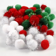 Sferiska pom poms i tre olika färger och två storlekar med och utan glitter. ref 51881