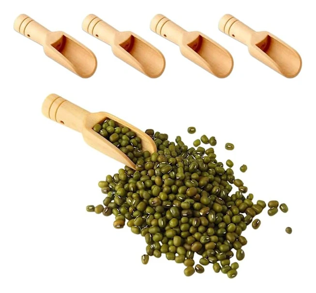 Set med 4 Mini Träskedar, Mini Badsked, Trä Godissked för Honung,