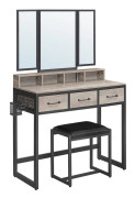 RVT004B02 Sminkbord med vadderad pall, trippelspegel, 3 lådor, hårfönhållare, kruka, industriell stil, grå och svart