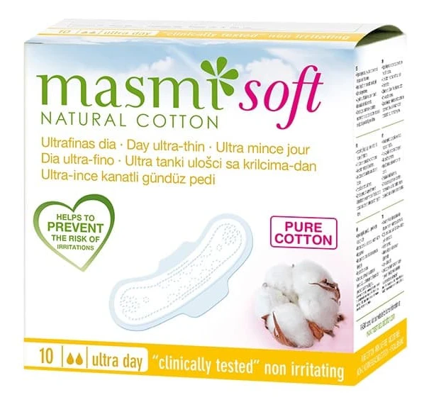 Masmi Day Ultra-Thin Pads ultratunna dagtid pads med vingar gjorda av ekologisk bomull Mjuk 10 stycken (P1)