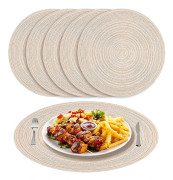 Beige flätade runda bordstabletter, set om 6 värmebeständiga bordstabletter, tvättbara för kök, middag, 38 cm, beige