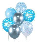 B&C silver och blå Happy Birthday ballonger 7st