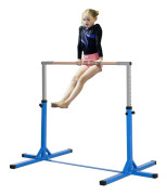 Hög stång, höj- och sänkbar gymnastikstång, 13 nivåer, lastbar upp till 75 kg, tillverkad av stål och bokträ i blått för gymnast