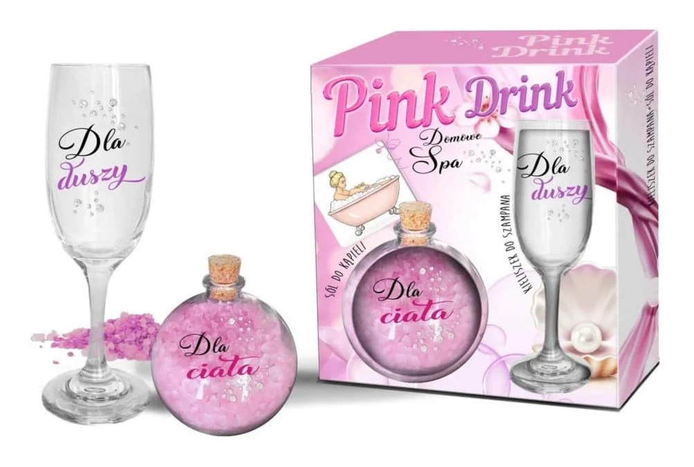 ROSA DRINK Set: champagneglas och badsaltboll. För själen. För kroppen.