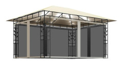 Paviljong med myggnät och ljusslinga 4x3x2,73 m gräddvit 180 g/m²