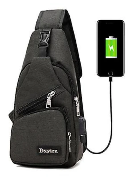 Crossbody-väska för män, bröstväska med USB-laddning och hörlursuttag, rese-ryggsäck (med 1*USB-kabel), One Size, Svart