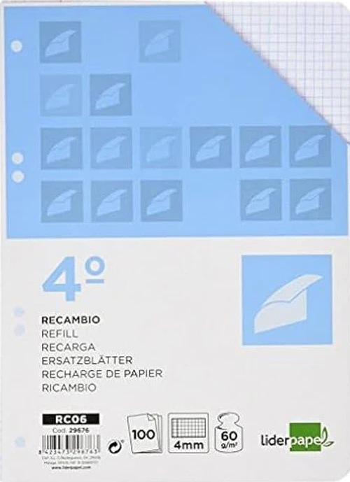 Blocnoter - LIDERPAPEL - Bytes ersättning - 100 blad - 60 g/m2 - Rutnät 4 mm