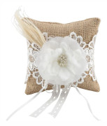 Ringkudde med ficka, rustik ringkudde i säckväv med spetsrosettblomma för bröllopstillbehör, pärlbroderad, 15cm*15cm