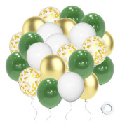 60 st Gröna och Guld Ballonger, Retro Grön Vit Metallisk Guld Guld Konfetti Ballonger Latex Ballonger Set, Ballonger för Djungel Skog Födelsedag
