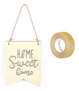 Trävimpel att hänga 20 x 15 cm Home Sweet Home + gyllene glitter maskeringstejp 5 m