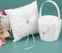 [通拓商品] 7 * 7 tum Vit Satin Strassdekorerad Ringkudde och Bröllopsblomsterflickakorg Set