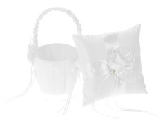 7 * 7 tum Elfenbensvit Satin Blomma Rosett Ringbärare Kudde och Bröllop Blomsterflicka Korg Set