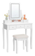 Sminkbord med LED-belysning i 3 färger, sminkbord med 360° roterande spegel, kosmetikbord med vadderad pall, 5 lådor, löstagbar makeup-organisatör, v