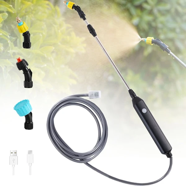 Elektrisk trädgårdsspruta med 3 munstycken och 3m slang, USB-uppladdningsbar, för växtskydd, ogräsbekämpning och biltvätt (5V)