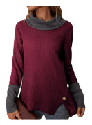 Långärmad Tröja med Cowl Neck Dam Casual Trendig Färgblock Knappdekor Blus Skjorta för Dejting Mörk Röd XL