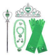 Prinsessklänningstillbehör för Maskerad, Prinsesskrona/Elsa Kostym Peruk/Diadem/Handskar/Trollstav/Ring/Örhängen/Halsband, 2-10 År grön