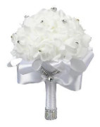 Konstgjord Brudbukett, Rosbukett för Brud Brudtärnor med Kristalldiamanter Mjuka Band, Brudtärna Håller Blommor (vit)