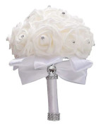En vit bukett för brudtärnor med diamantmjukt band, konstgjorda PE-rosor för bröllop (Diameter: 21 cm H: 25 cm)