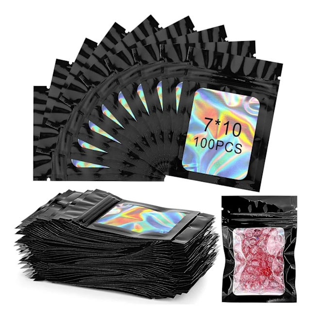 100 stycken Mylar-påsar per förpackning, Zipper-påsar, Återförslutningsbara Mylar-påsar. Återförslutningsbara mångsidiga påsar för godis, kakor, smycken (Svart, 7 * 10)