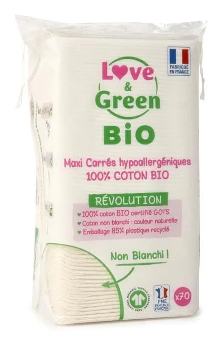 LOVE & GREEN Hypoallergen fyrkantig bomull - 100 % organisk bomull oblekt - 60 bomull