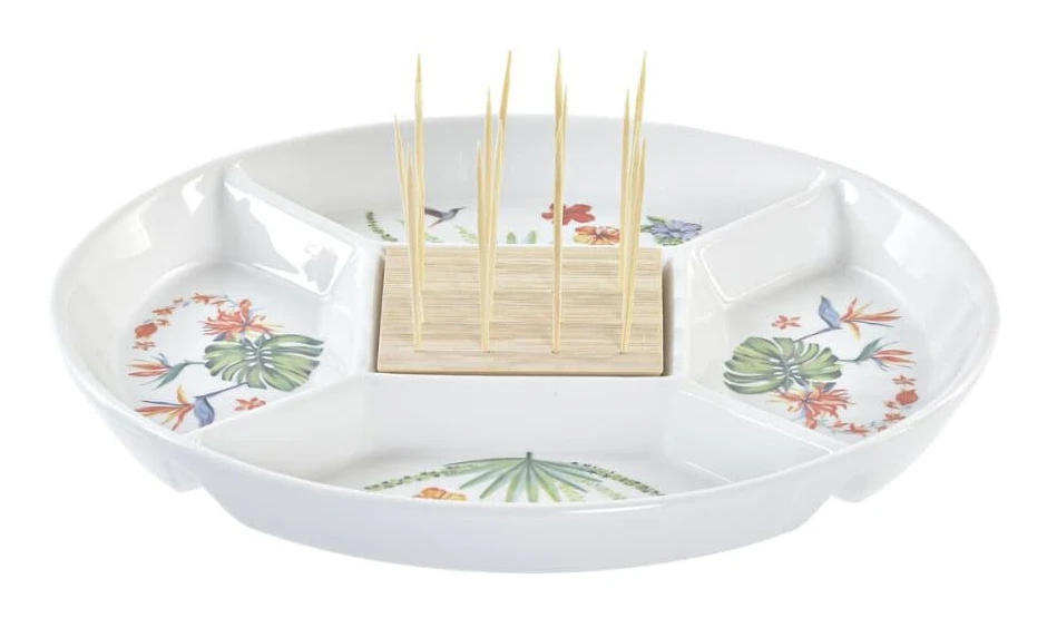 Snacksbricka DKD Home Decor Multicolour Naturell Bambu Stengods Tropiskt 23,5 x 23,5 x 7 cm