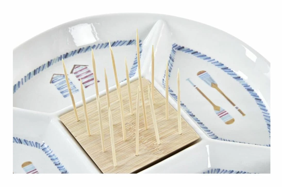 Snacksbricka DKD Home Decor Blå Naturell Bambu Stengods Medelhavs 23,5 x 23,5 x 7 cm