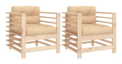 Trädgårdsfåtöljer med dynor i ribbad design - 2 st massiv furu | Färg: Natur | Storlek: Standard