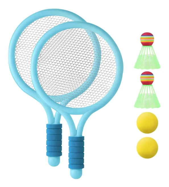 Tennisracketset för barn, med 2 badmintonbollar och 2 tennisbollar, för barn inomhus och utomhus sportspel, Blå