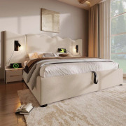 Polstersäng 160x200 cm med läslampa, USB-C, förvaring, ribbotten, leinen, beige, inkl. madrass