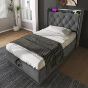 Säng 90x200 - LED 360° med app/fjärrkontroll, USB-C laddning, hydraulisk förvaring, grå linne, med madrass
