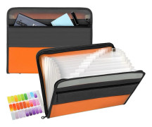Expanding folder with 13 pockets and zipper, A4 plastic document with practical front pocket for personal office storage - orange orange