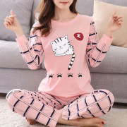 Dam Långärmad Pyjamas, Dam 2-Delad Byxset med Långsvansad Katt