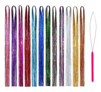 Glitter Tinsel Hårförlängningar med Verktyg 12 Färger