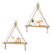 Hängande Hyllor Boho Väggdekor Set om 2 Rustika Trä Flytande Förvaringshyllor för Sovrum Vardagsrum, Displayhyllor för Hängande Växter, Brun