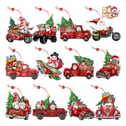 Wooden Christmas Tree Ornaments, Red Truck Hanging Wooden Ornaments, Wooden Car Crafts with Beads for Christmas Tree Decoration, 24 Pieces
