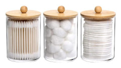 10 Oz Bomullspinne/Boll/Pad Hållare, Apotekarburk, Transparent Badrumsbehållare Dispenser för Förvaring 3-Pack Trälock