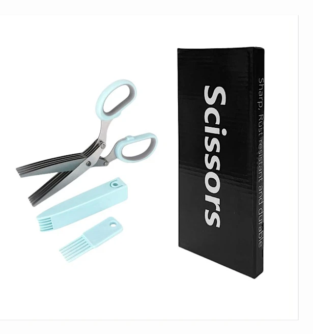 Kitchen Herb Scissors with 5 Blades - Multifunctional Food Scissors for Chives, Parsley and Herbs - Stainless Steel Blue Blue