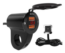 Motorcykel USB-mobilladdare, vattentät 12V billaddare, med voltmeter och oberoende strömbrytare, lämplig för motorcykelstyre med en diameter