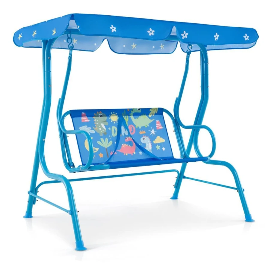 Barnets uteplatsgunga, 2-sitsig barnets uteplatsgunga med metallställning och justerbart tak, 112×71×110 cm, Blå