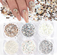 Holografiska Nagelkonstpaljetter Glitterset 6 Ask 3D Naglar Glitter Metallisk Glimmande Flakes Akrylpulver Damm Paljetter för Nageldekoration Holografi