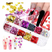 12 Färger Hjärta Holografisk Nagelglitter Paljett Tillbehör Färgglada 3D Nagel Flakes Pulver UV Gel Polish Akryl Design för Kvinnor Flickor Manikyr Tips