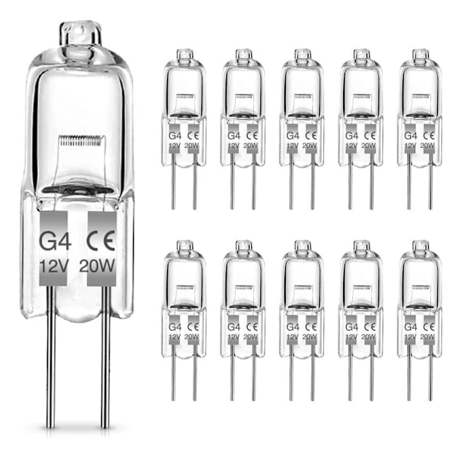 10-pack 20W G4 Halogenlampor, 12V Lågspänning, Varmvit 2700K, 300LM, Transparent Kapsel, Kompatibel med Philips