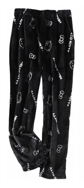 HelloKitty Flanell Pyjamas med Tecknat Mönster, Plysch och Tjock Isolering för Kvinnor - Svart - Vit Svart - Vit L