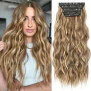 Hårförlängningar Brun Mix Blond Clip in Syntetiska Slingor Långa Vågiga 4 Delar Tjocka Hårförlängningar 50 cm för Kvinnor