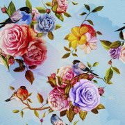 UTOMHUSDEKORATIVA TYGER OXFORD - Motiv av blommor och fåglar på blått