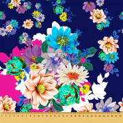 UTOMHUSDEKORATIVA TYGER OXFORD - Motiv med färgglada blommor på marinblått I DR052