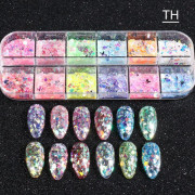12 Grid holografisk nagelflinga Fluorescerande nagelglitterpulver fjärilskameleon oregelbunden lasergradient foliedekoration