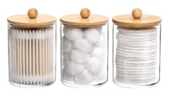 10 Oz Bomullspinne/Boll/Pad Hållare, Apotekarburk, Klar Badrumsbehållare Dispenser för Förvaring 3-pack Trälåck