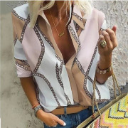 Mode kvinnors höst Casual Cardigan Kedjetryck Lapel långärmad skjorta S rosa